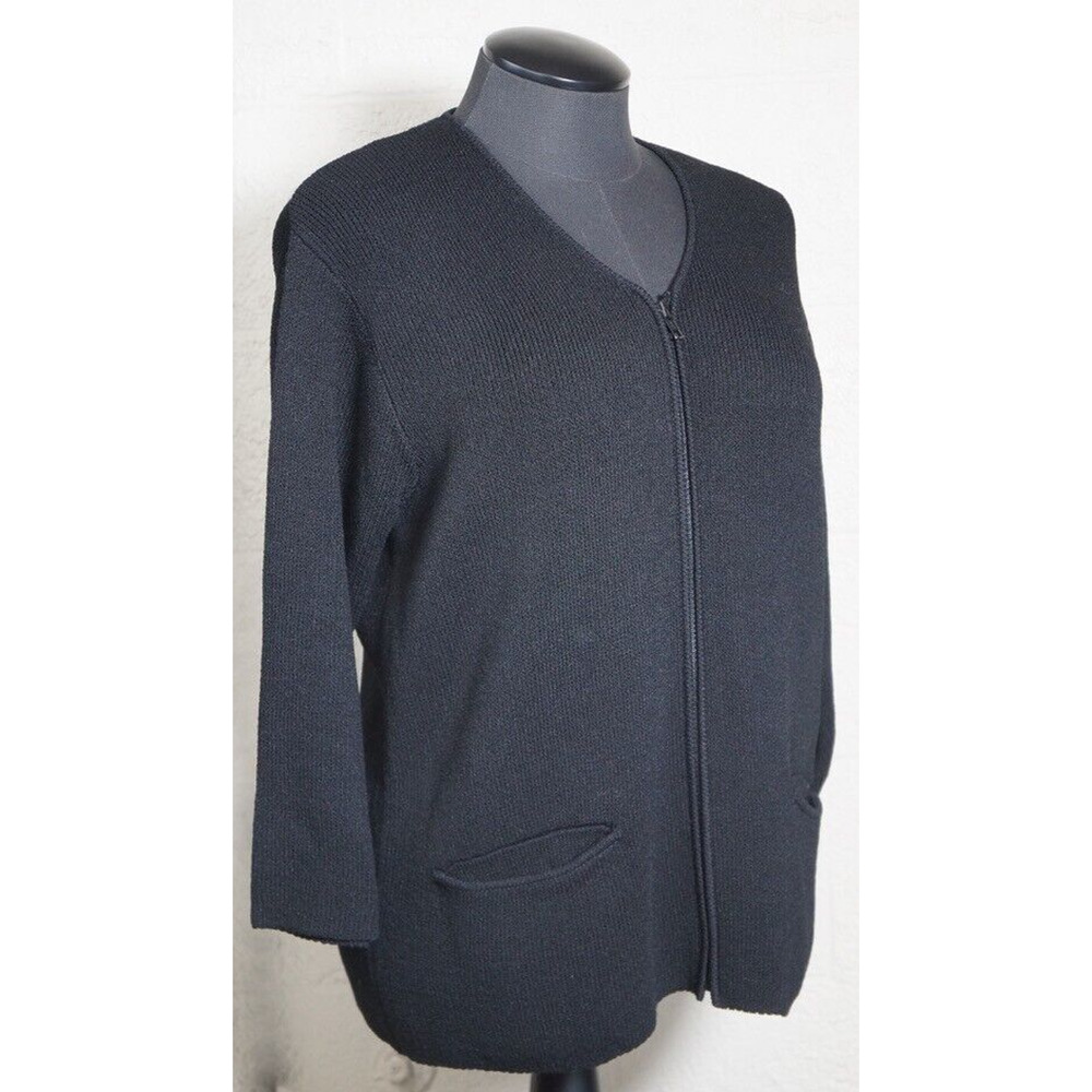 MARGARET OLEARY- MERINO WOOL KNIT SWEATER BLACK OPEN FRONT W/ ZIPPER SIZE LARGE